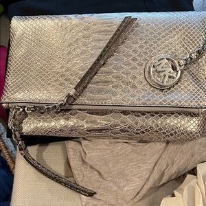 Michael Kors Silver Metallic Snake-Embossed Wristlet/Crossbody Bag.